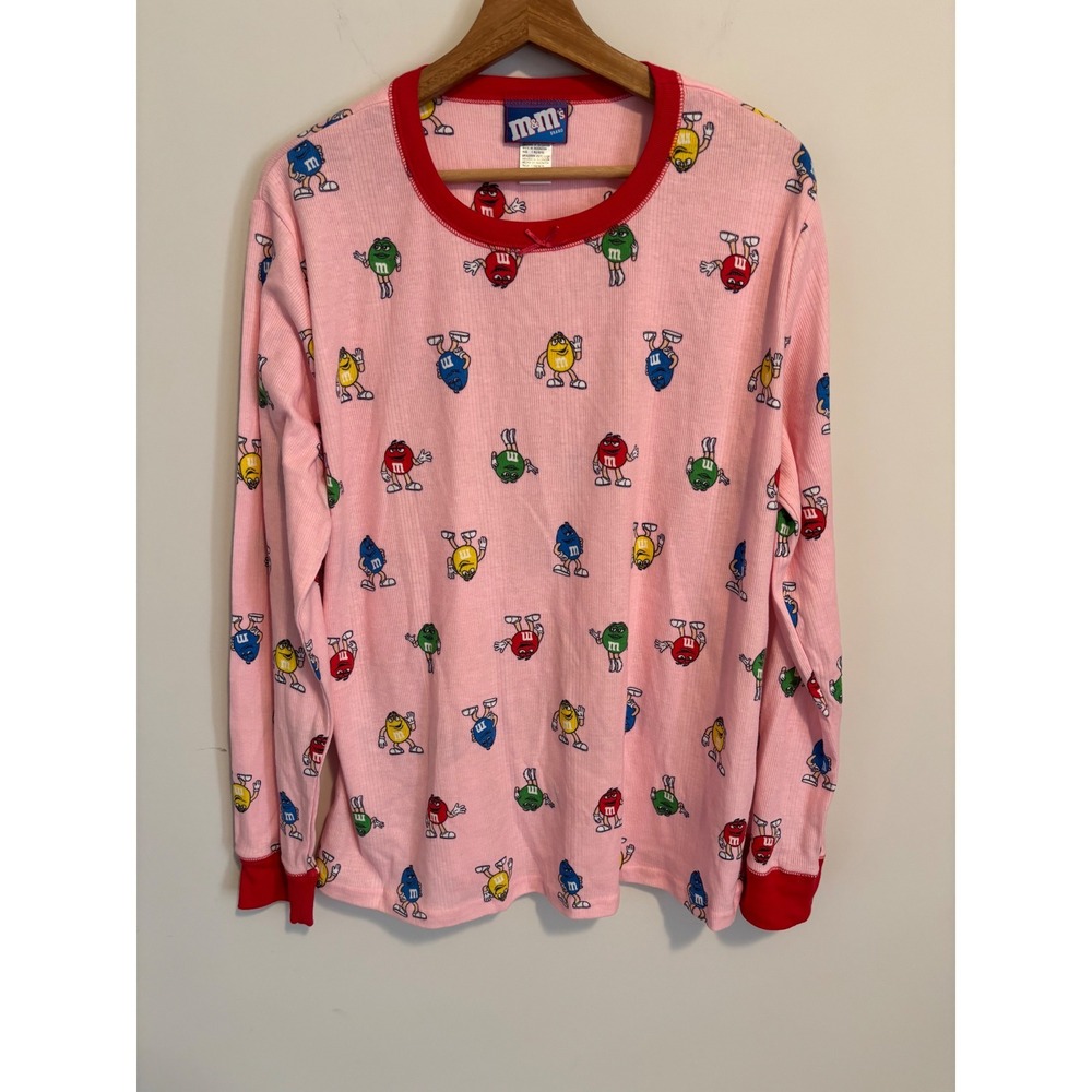 M&M's Brand Pink Waffle Knit Thermal Pajama Top Long Sleeve Character Print XL